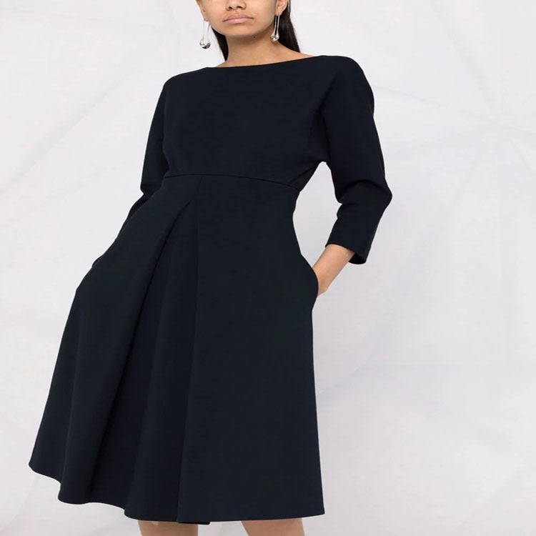 Damen Kleid mit 3/4-Ärmeln, Boot-Ausschnitt und tailliertem Faltenrock Drune