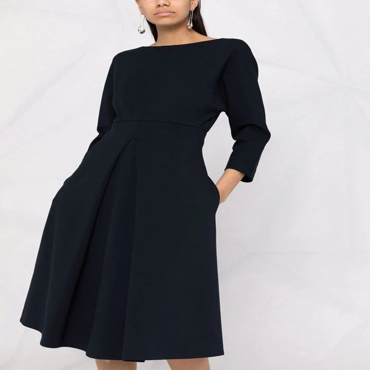 Damen Kleid mit 3/4-Ärmeln, Boot-Ausschnitt und tailliertem Faltenrock Drune