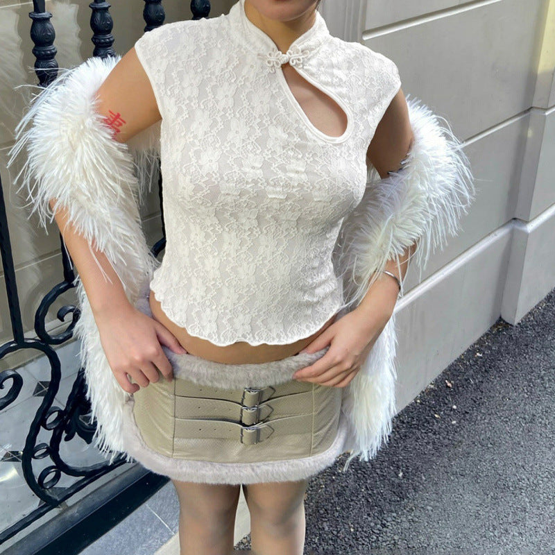 Damen Spitzenoberteil mit hochgeschlossenem Kragen und floralem Design Drune