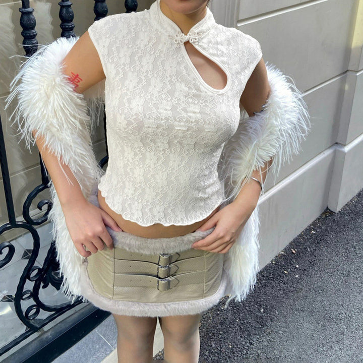 Damen Spitzenoberteil mit hochgeschlossenem Kragen und floralem Design Drune