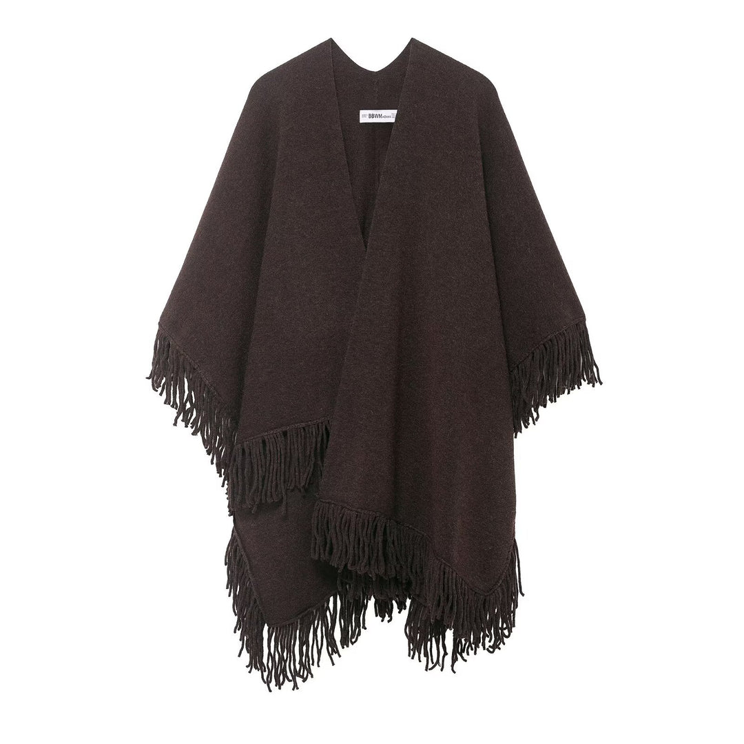 Damen Fransen-Poncho aus weichem Wollmix mit V‑Ausschnitt Drune