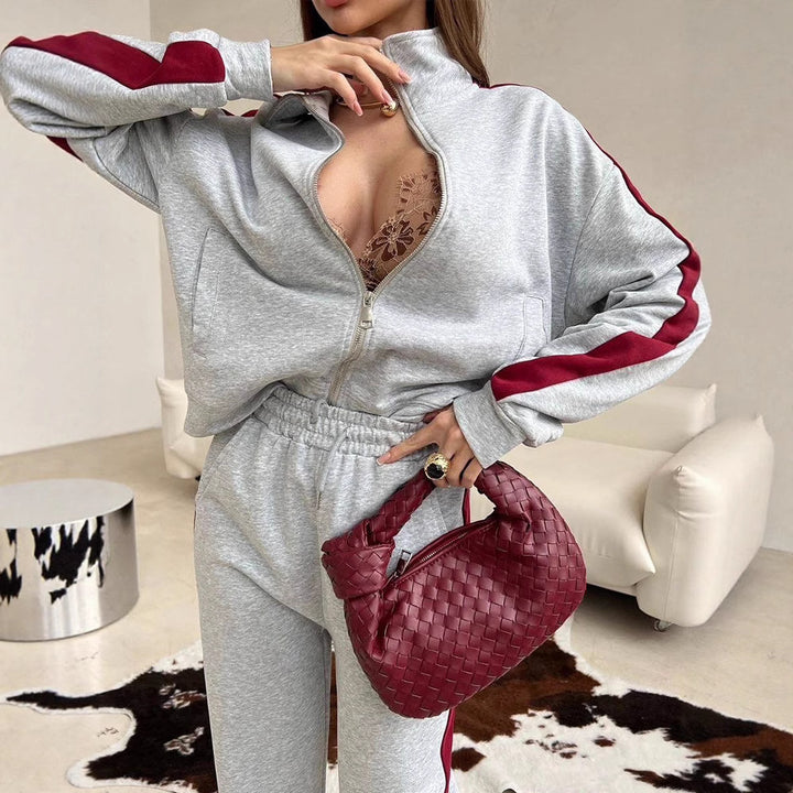 Damen Velours-Loungewear-Set mit Stehkragen, Zip-Jacke und weitem Palazzo-Hosenbein Drune