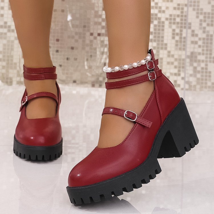 Damen Mary-Jane-Schuhe mit profiliertem Plateau, klobigem Blockabsatz und verstellbaren Riemen Drune