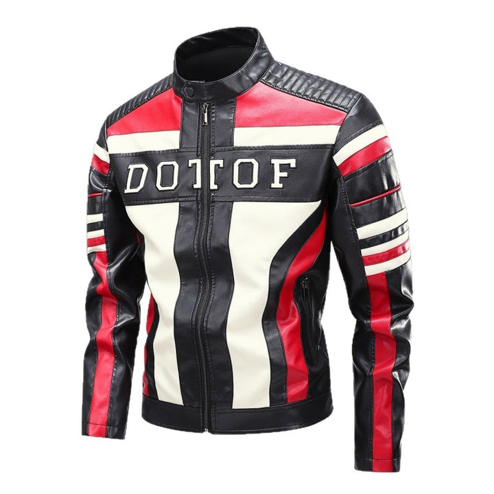 Herren Racing-Lederimitat-Bikerjacke mit Stehkragen, gesteppter Schulterpartie & Kontrast-Colourblocking Drune