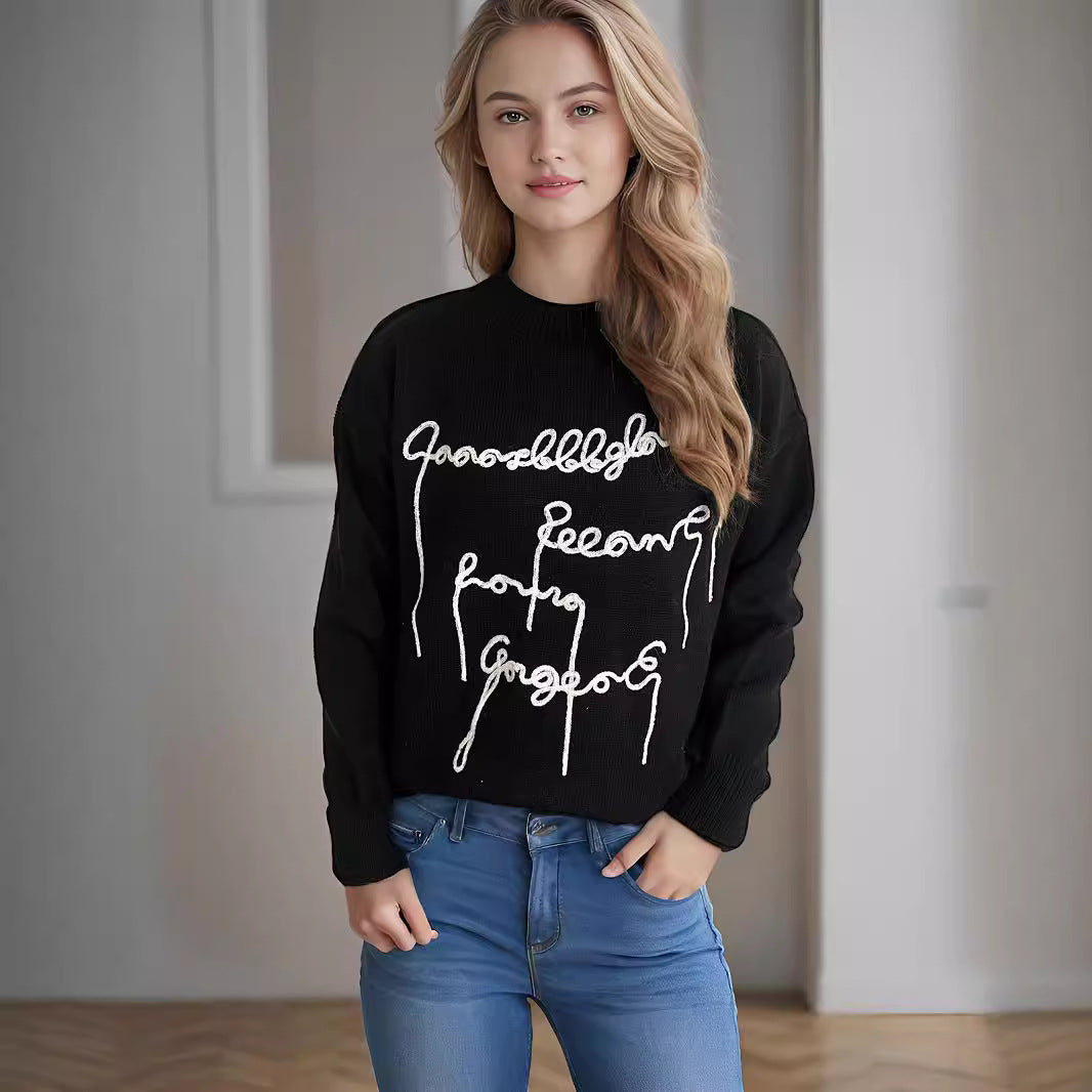 Damen gemütlicher Oversized-Pullover mit kunstvollem Schriftzug Drune