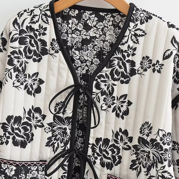 Damen Gestepptes Kurzblouson mit floralem Allover-Print und Bindeschleifen Drune