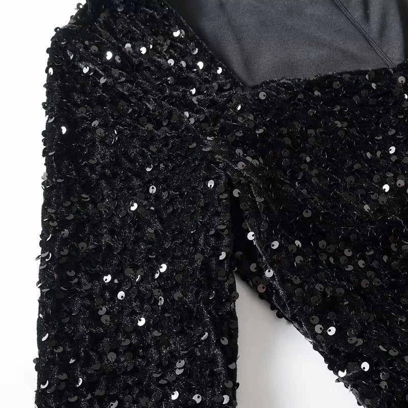Damen nan Samt-Pailletten-Peplumshirt mit weitem ausgestelltem Saum und langem Arm Drune