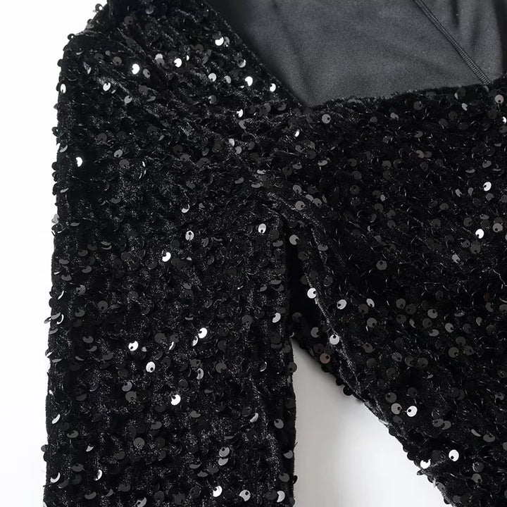 Damen nan Samt-Pailletten-Peplumshirt mit weitem ausgestelltem Saum und langem Arm Drune