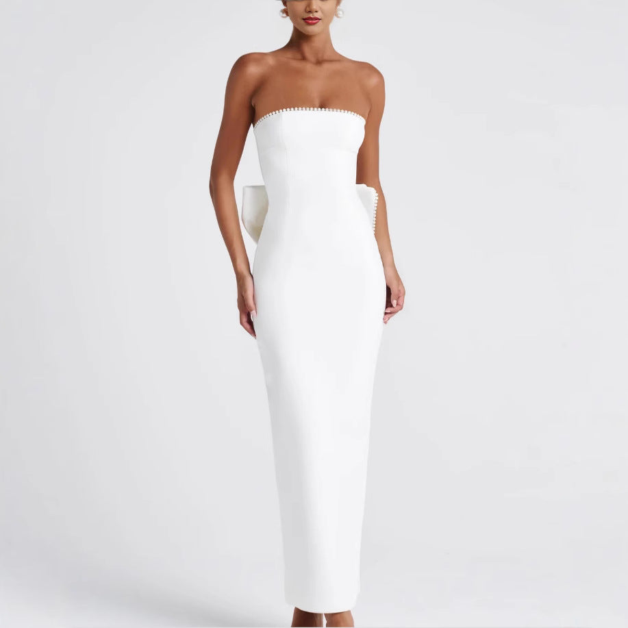 Damen Elegantes figurbetontes Maxikleid mit schulterfreiem Design und modischen Rüschendetails Drune