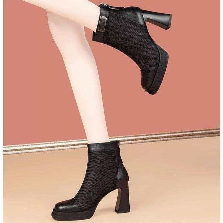Damen Elegante und modische Stiefeletten mit Netz-Design und Blockabsatz Drune