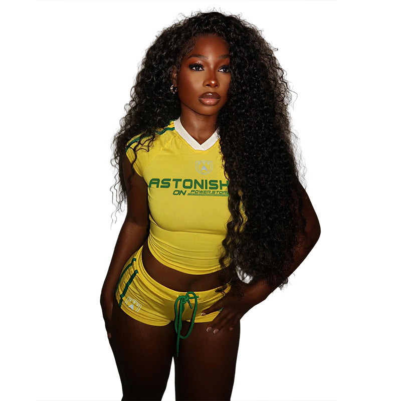 Damen Sportliches Zweiteiliges Set mit kurzem Oberteil und Shorts Drune
