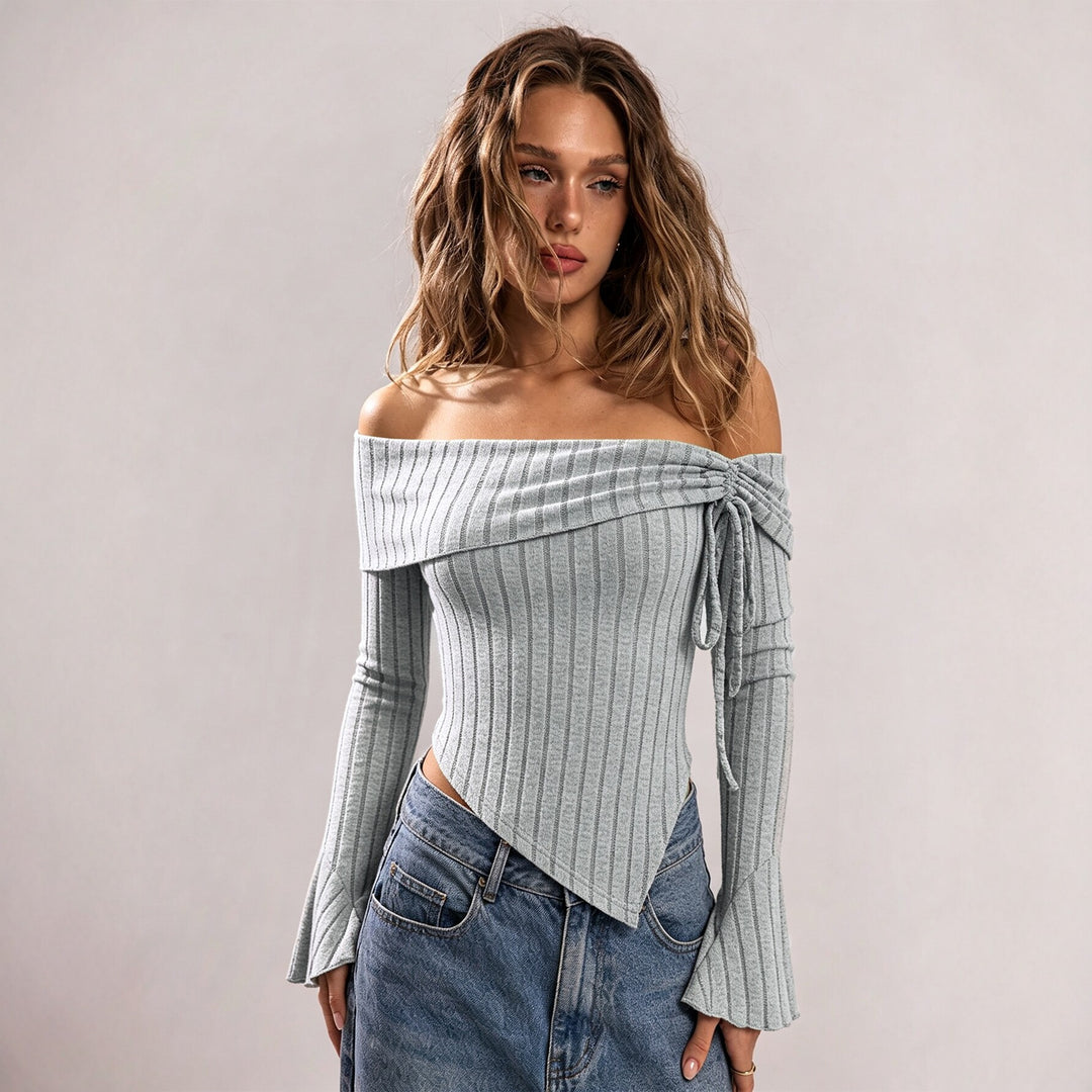 Damen schulterfreies geripptes Strick-Top mit asymmetrischem Zipfelsaum und Schnürdetail Drune