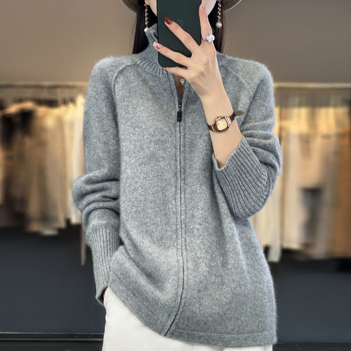 Damen Zip-Cardigan im Kaschmir‑Look mit Stehkragen und gerippten Bündchen Drune
