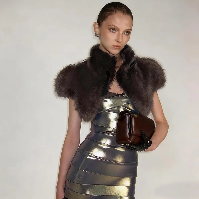 Damen Cropped Kunstpelz‑Bolero mit voluminösem Umlegekragen und Puffärmeln Drune