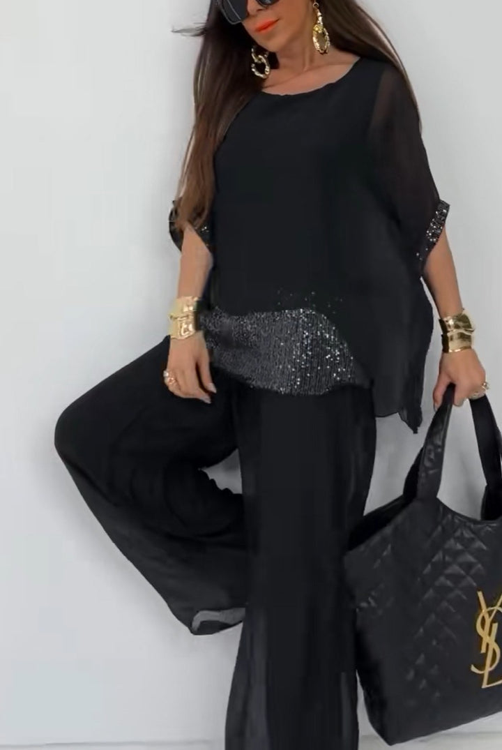 Damen Eleganter Zweiteiliger Hosenanzug mit funkelndem Oberteil Drune