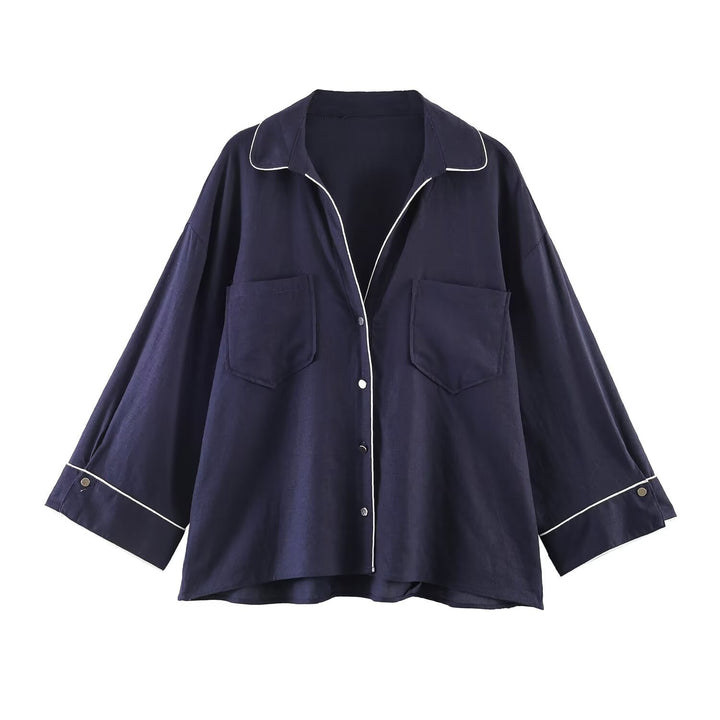 Damen Pyjama-inspirierte Oversize-Hemdbluse mit Kontrastpaspel und Brusttaschen Drune