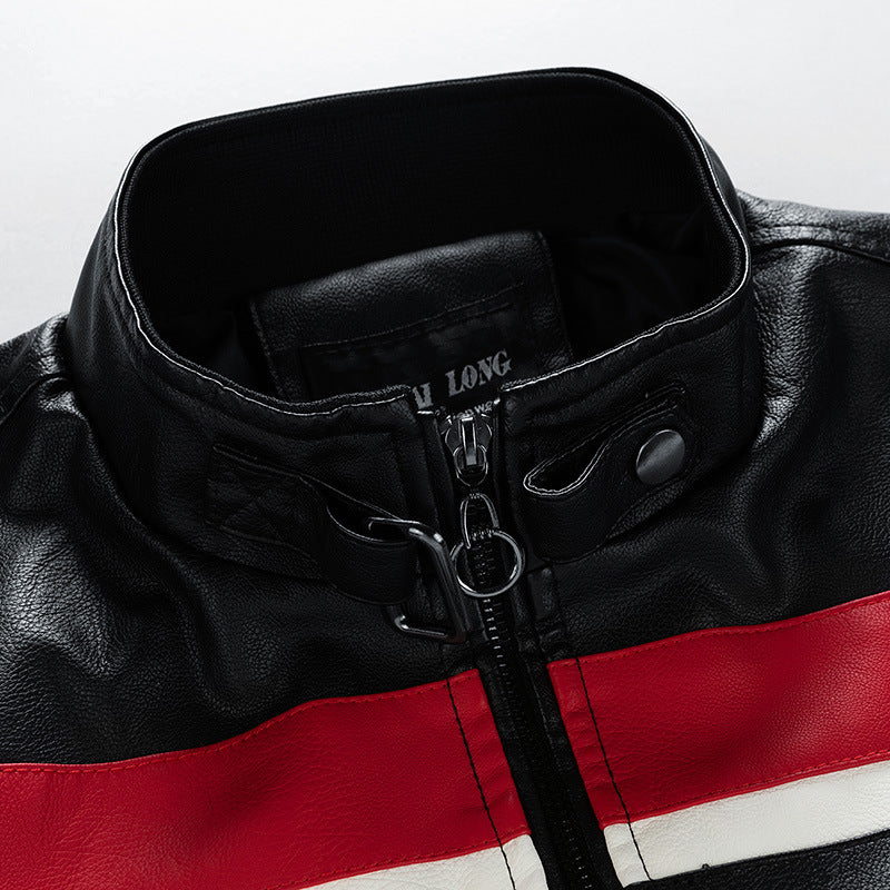 Herren Motorrad-Lederjacke im Retro-Racing-Look mit Kontraststreifen und Stehkragen Drune