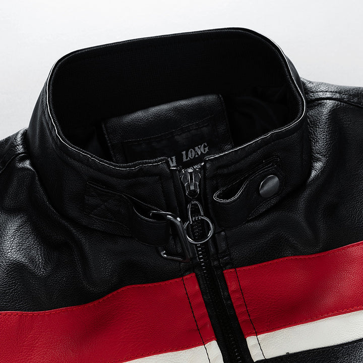 Herren Motorrad-Lederjacke im Retro-Racing-Look mit Kontraststreifen und Stehkragen Drune