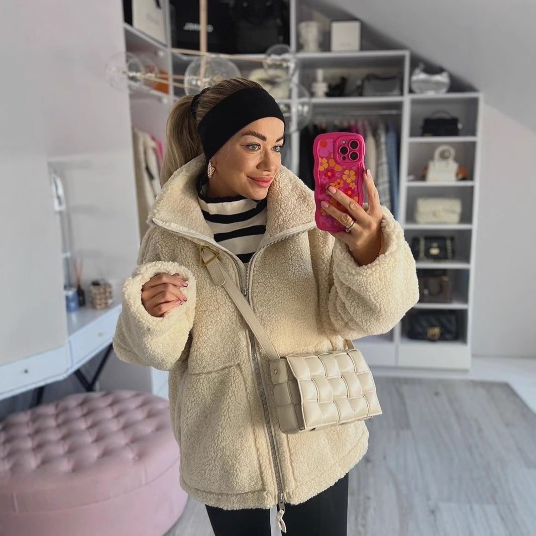 Damen Oversize Teddy-Fleecejacke mit Stehkragen und aufgesetzten Taschen Drune
