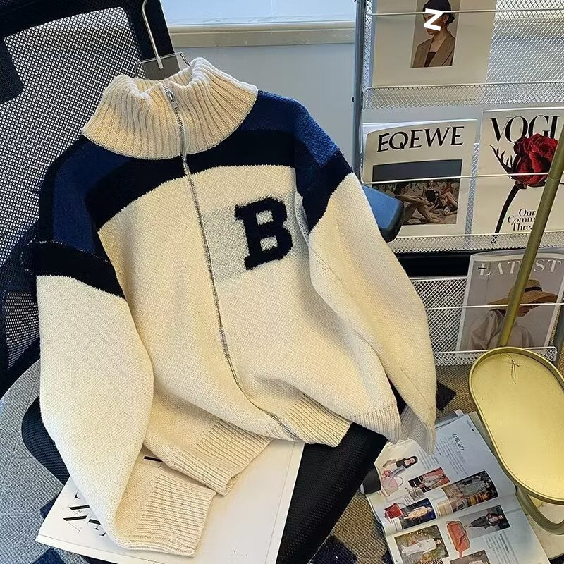 Damen Sportlicher Stehkragen-Strickpullover mit Reißverschluss und kontrastierenden Details Drune