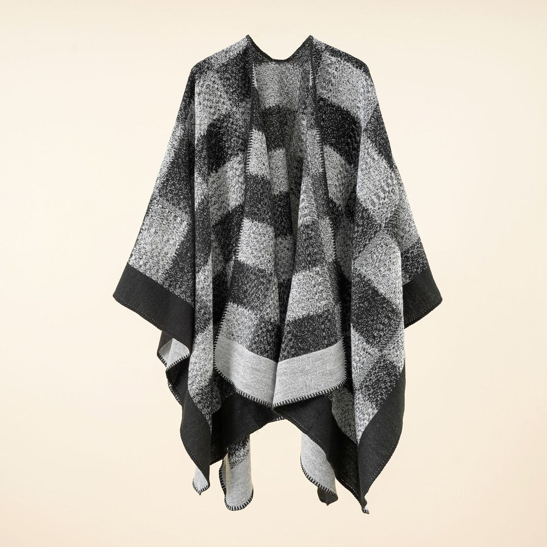 Damen Vielseitiger Wollmix-Überwurf im kastigen Kimono-Fall mit großflächigem Karojacquard Drune