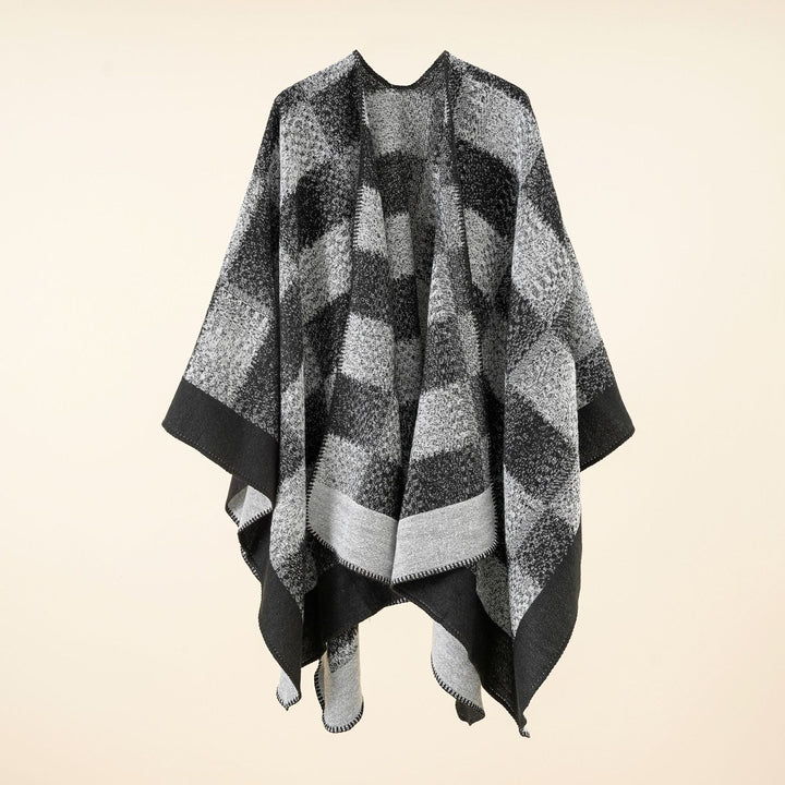 Damen Vielseitiger Wollmix-Überwurf im kastigen Kimono-Fall mit großflächigem Karojacquard Drune