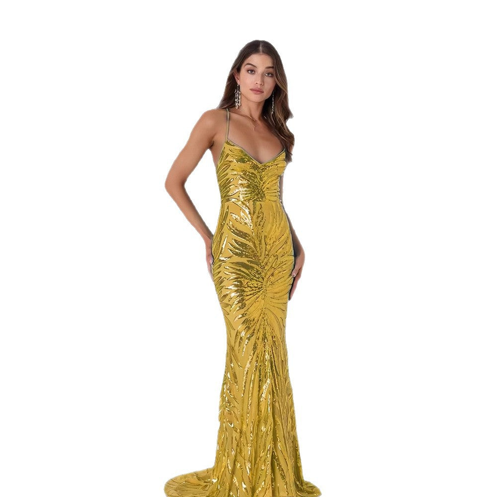 Damen Glamouröses Abendkleid mit funkelndem Paillettenmuster und V-Ausschnitt Drune