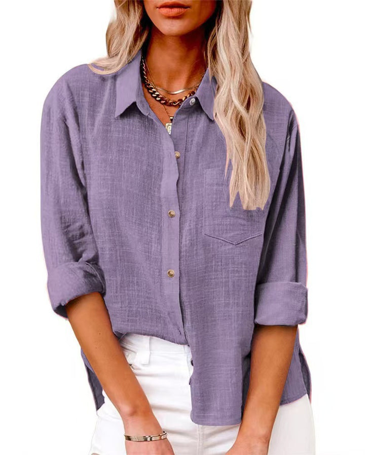 Damen nan oversized Leinen-Baumwollmix Hemdbluse mit Brusttasche und krempelbaren Ärmeln Drune