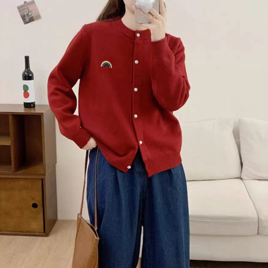 Damen Strickjacke mit Regenbogenmotiv und Knopfdetail Drune