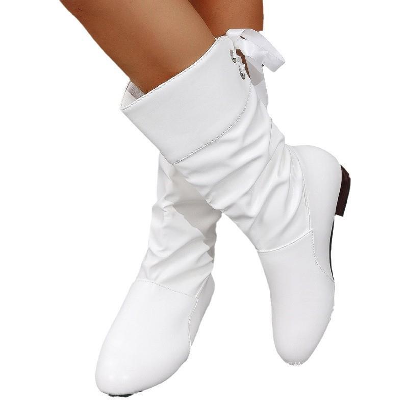 Damen nan midi Stiefel mit gerafftem Schaft, weichem Kunstleder und niedrigem Blockabsatz Drune