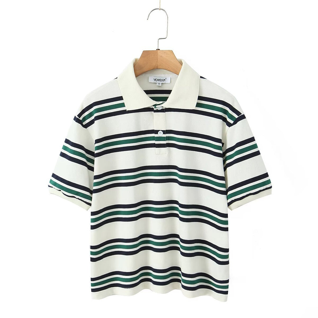 Damen Lässiges Langarm-Poloshirt mit Streifenmuster und Rippbündchen Drune