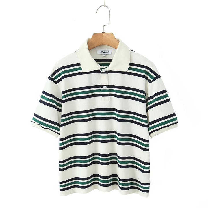 Damen Lässiges Langarm-Poloshirt mit Streifenmuster und Rippbündchen Drune
