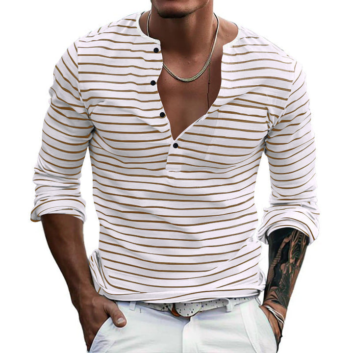 Herren Langarm-Henley-Shirt mit modischen Streifen und praktischen Knöpfen Drune