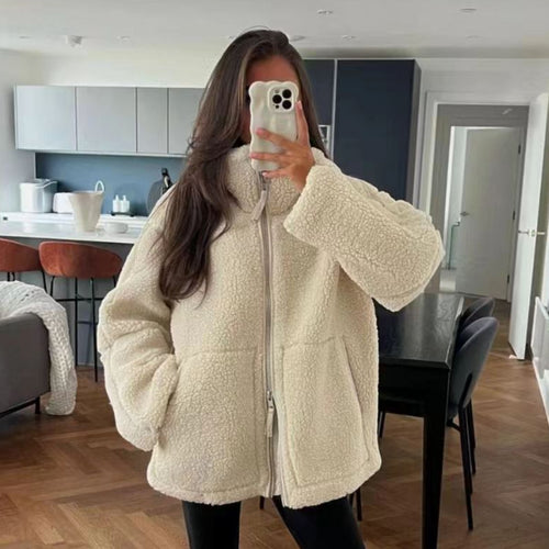 Damen Teddy-Fleece-Jacke mit Stehkragen und Lederoptik-Details Drune