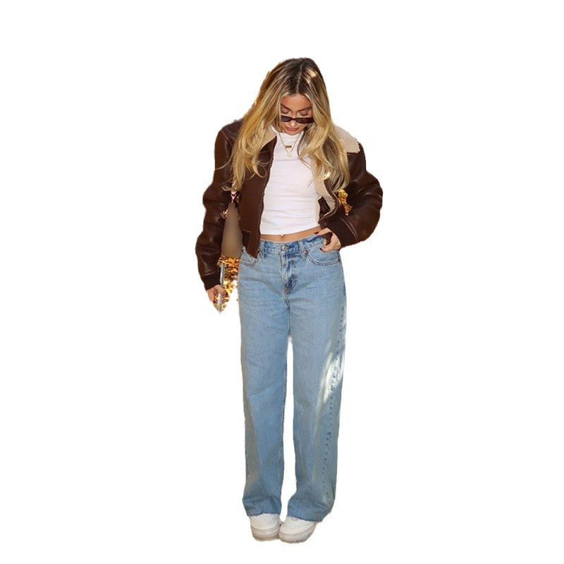 Damen cropped Lederjacke mit schickem Kunstfellkragen Drune