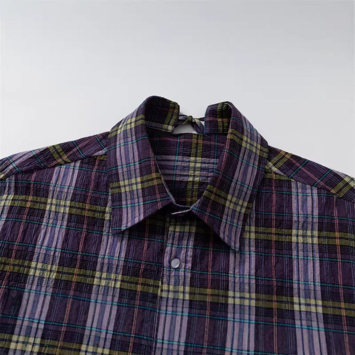 Damen Oversize-Karobluse aus leichter Baumwollmischung mit diagonalem Brusttaschen-Detail Drune