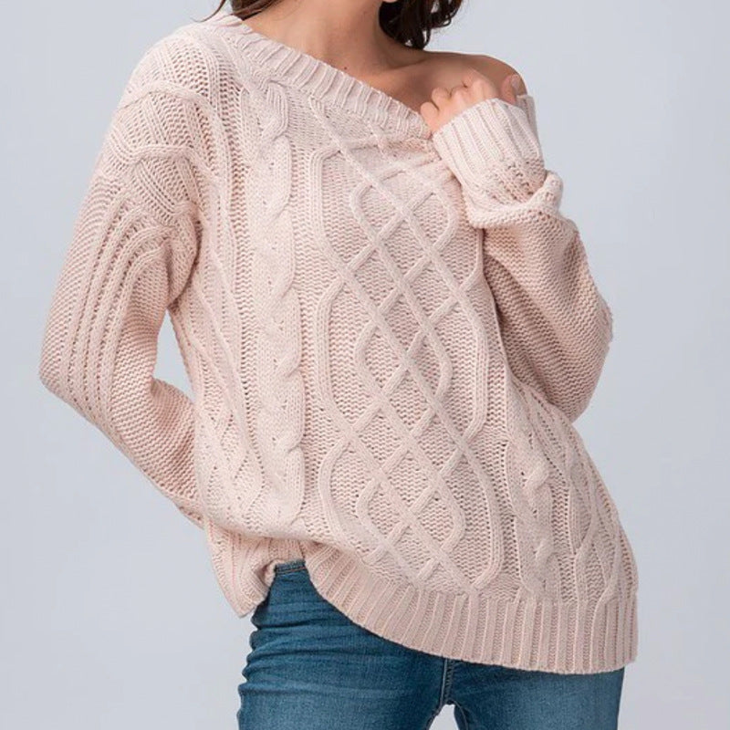 Damen Grobstrickpullover mit asymmetrischem Ausschnitt und Zopfmuster Drune