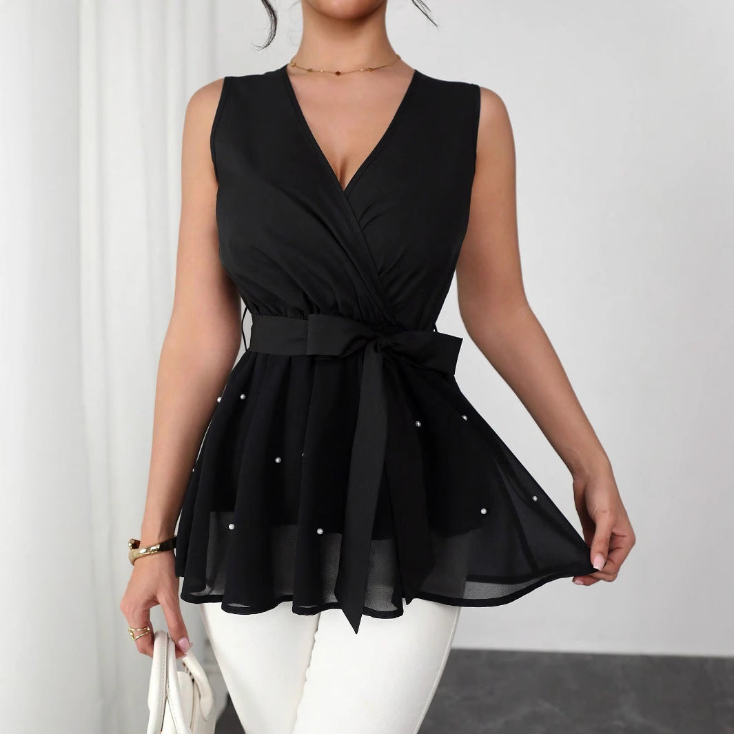 Damen Elegantes Wickeloberteil mit dekorativen Perlen Drune