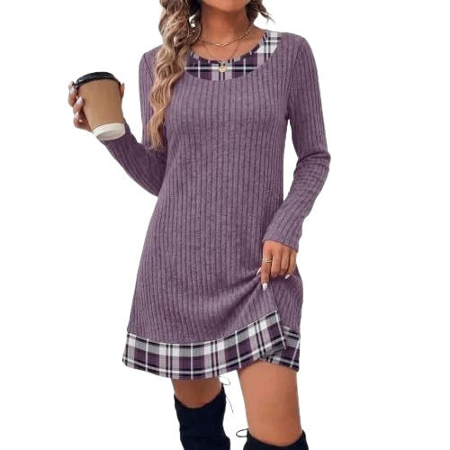 Damen Gerippte Longshirt‑Kleid mit Karierter Saum‑ und Ausschnittblende Drune