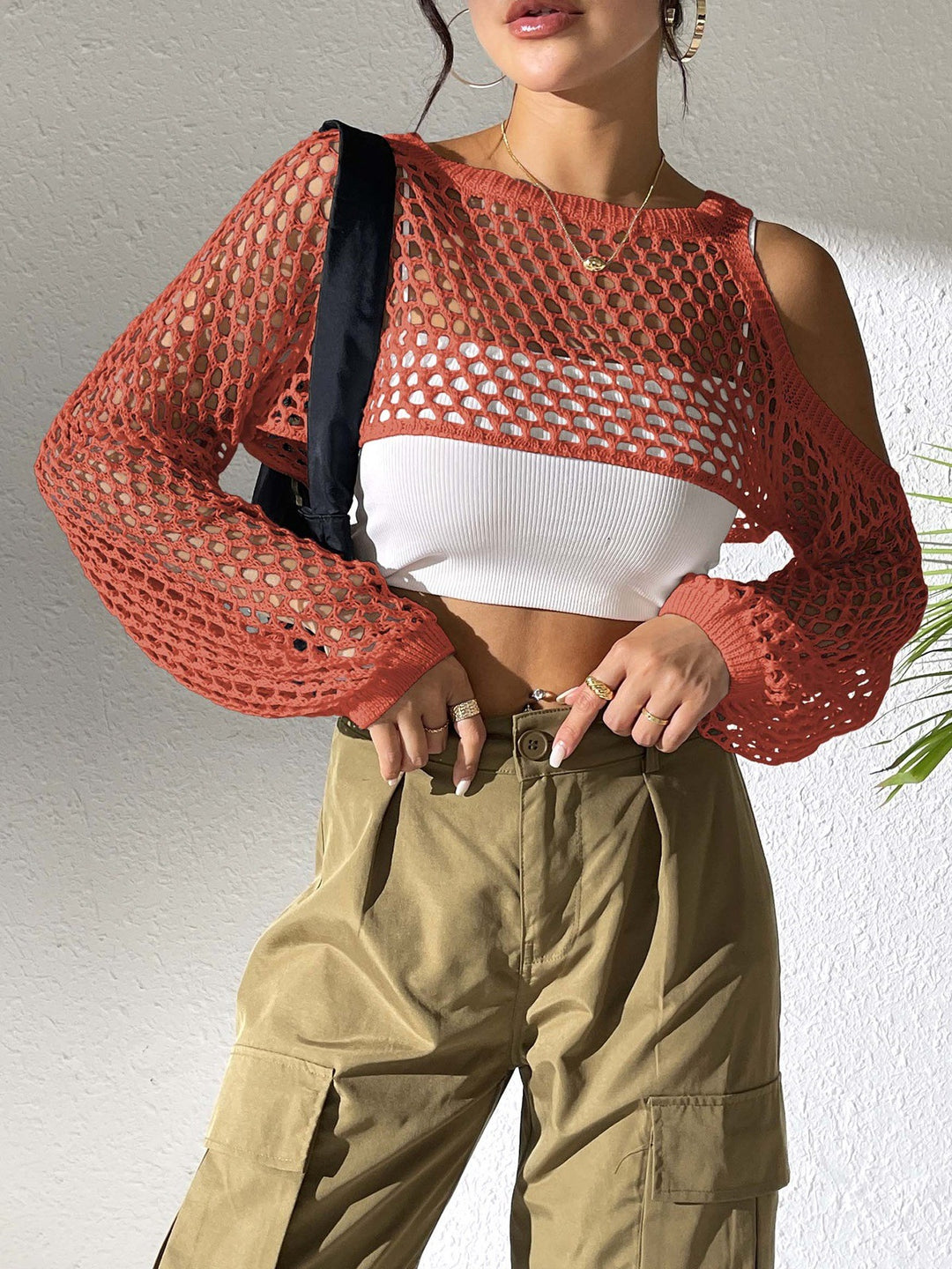 Damen gestricktes Netzoberteil mit offenen Schultern und modischem Design Drune