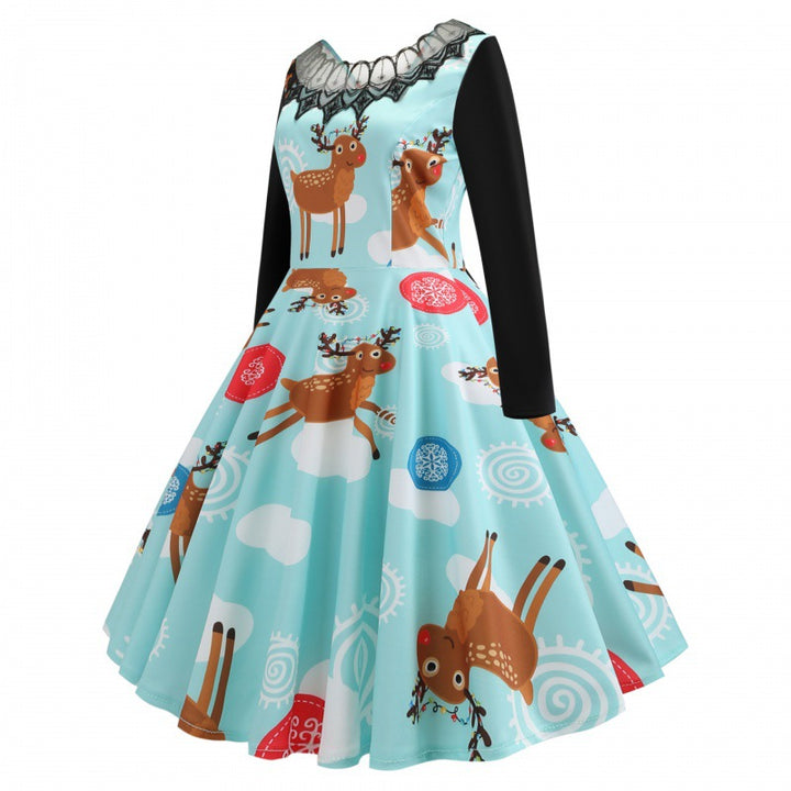 Damen Festliches Retro Swing Kleid mit Langarm A Linien Schnitt und Rentier-Print Drune