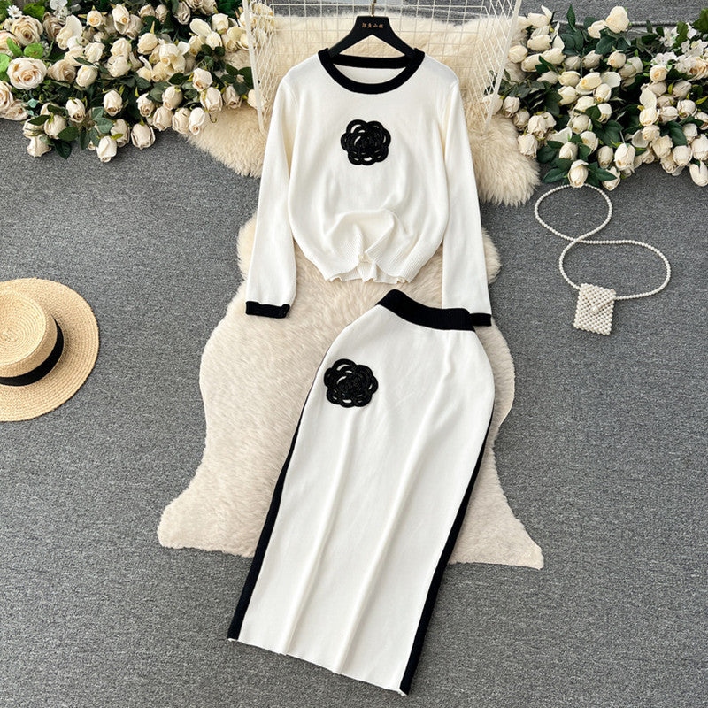 Damen modisches Strickensemble mit applizierten Blumen Drune
