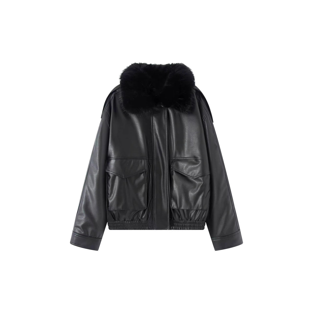 Damen Oversized Kunstleder-Bomberjacke mit kuscheligem Faux‑Fur‑Kragen und aufgesetzten Klappentaschen Drune