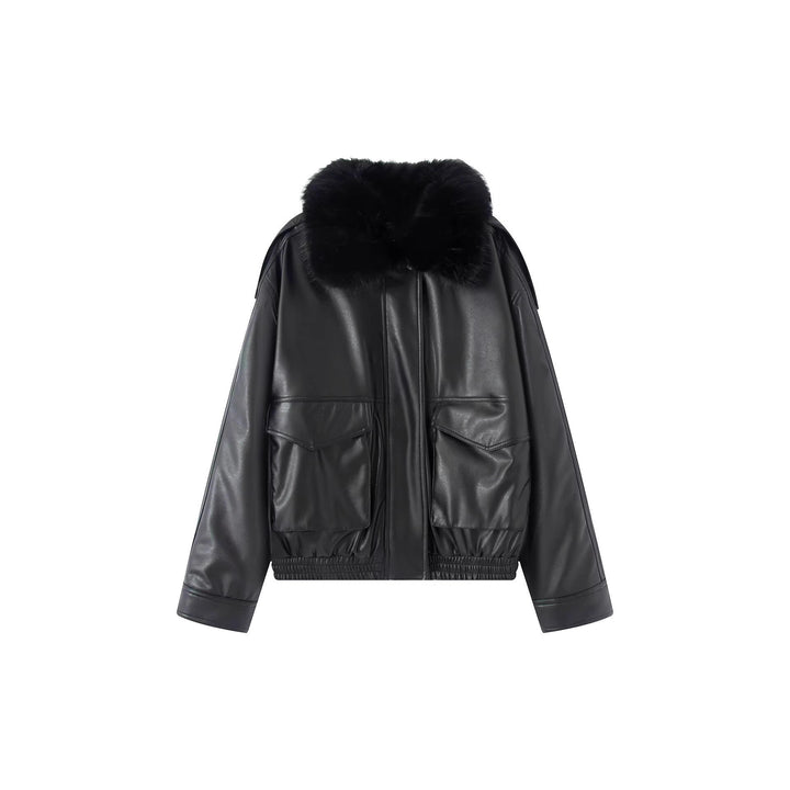 Damen Oversized Kunstleder-Bomberjacke mit kuscheligem Faux‑Fur‑Kragen und aufgesetzten Klappentaschen Drune