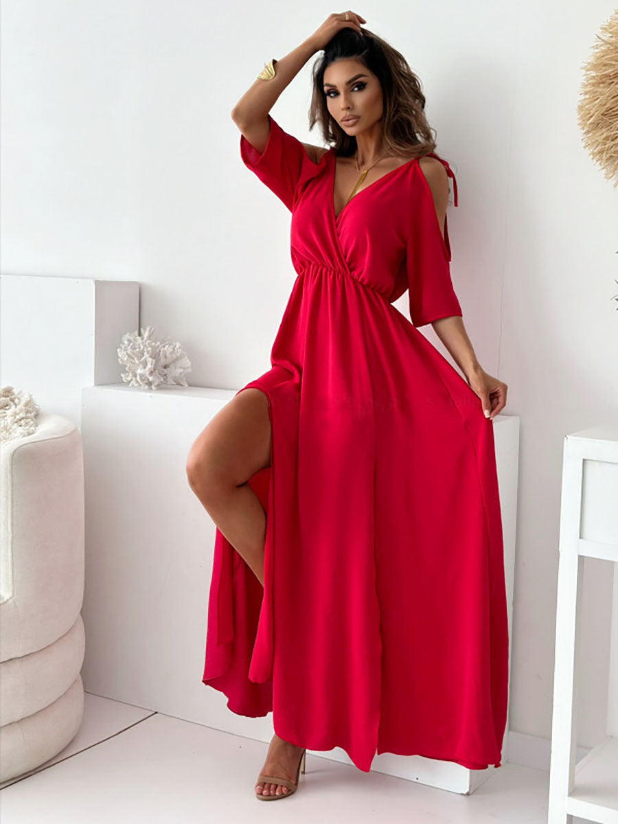 Damen Maxikleid mit schulterfreier Optik und elegantem V-Ausschnitt Drune