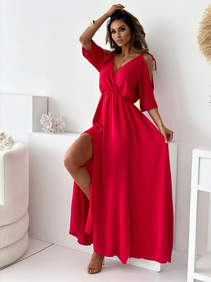 Damen Maxikleid mit schulterfreier Optik und elegantem V-Ausschnitt Drune