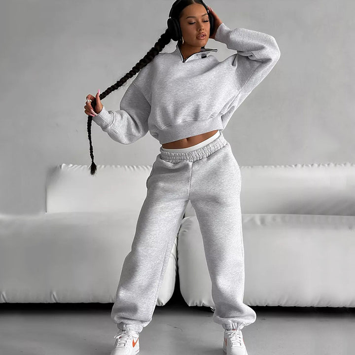 Damen Zweiteiliges Cropped-Halbzip-Sweatset mit Stehkragen und elastischer High-Waist-Jogginghose Drune