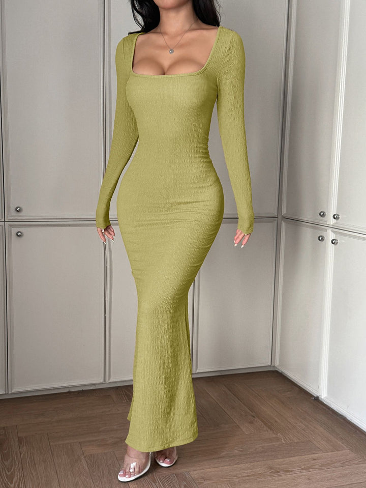 Damen Elegantes Langarm-Maxikleid mit raffiniertem Ripp-Design Drune