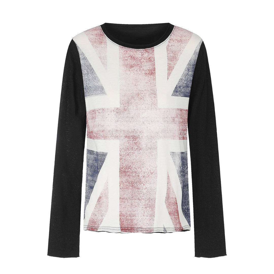 Damen Rundhals-Longsleeve aus Baumwollmix mit Vintage-Union-Jack-Print und Kontrastärmeln Drune