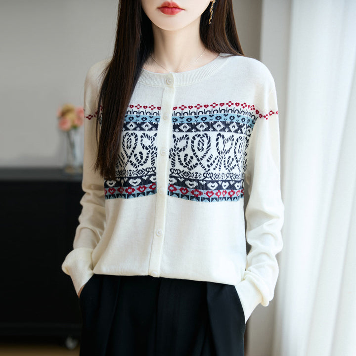 Damen Leichter Feinstrick-Cardigan mit nordischem Jacquardmuster und feiner Knopfleiste Drune